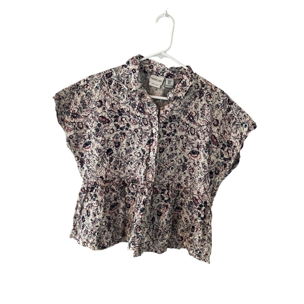 Rachel‎ Zoe Womens Floral 100% Linen Peplum Button Down Top Pink Blue Size M